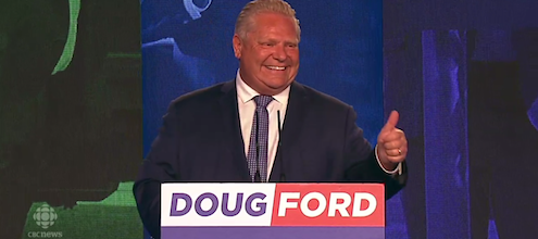 Doug Ford victory speech after Ontario election. Ford plans to get rid of Ontario's cap-and-trade (carbon pricing) system (that he refers to as a carbon tax).