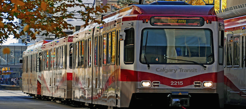A light rail transit car in Calgary on a fall day